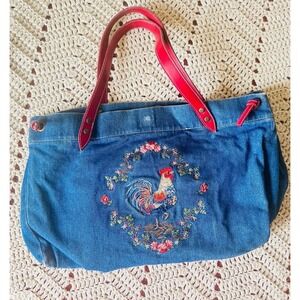 Vintage Chicken Denim Bucket Bag Floral Lining Red Leather Drawstring Boho With